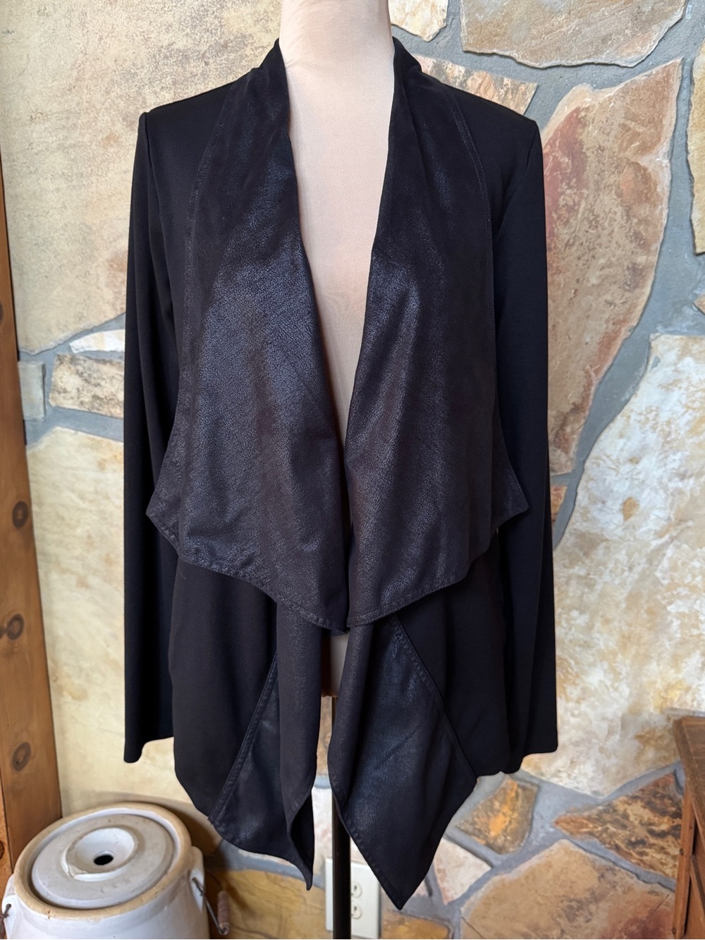 CAbi #527 Black Owens Jacket Waterfall Moto Faux Leather Trim Open Cardigan (L) - Picture 3 of 17